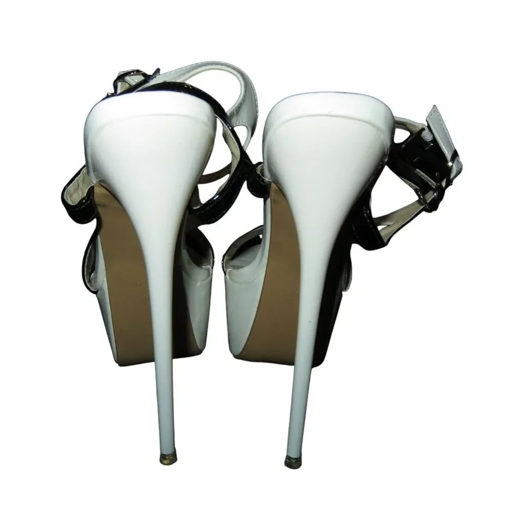 LEBE Ultra high White & Black vegan patent leather strappy stilettos 38 or US 8